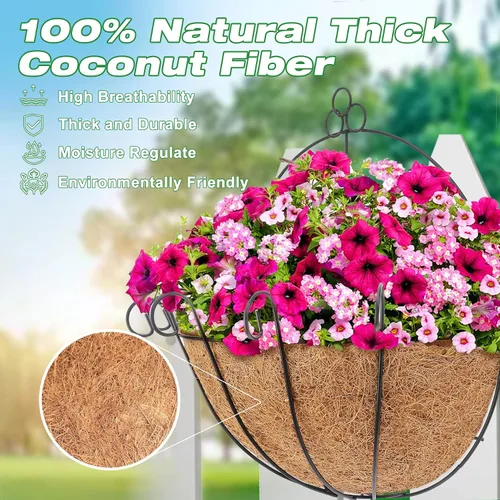 Vista 2 de Y&M Forros de fibra de coco semicirculares preformados de 16 pulgadas, 2 forros de coco natural para cestas colgantes, jardineras, montadas