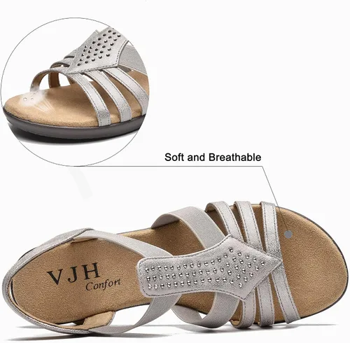Vista 3 de VJH confort Sandalias planas para mujer, cómodas y elásticas, sin cordones, ligeras, informales, con diamantes de imitación