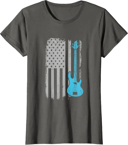 Vista 54 de Electric Bass Guitar Player American Flag Musician T-Shirt Asphalt Grey