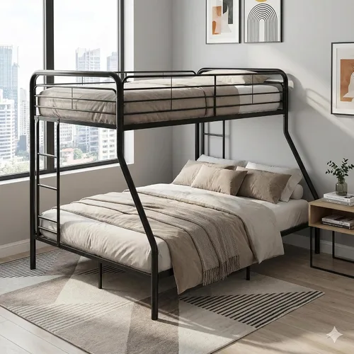Vista 6 de Litera individual sobre matrimonial, litera de metal con escaleras, protector de seguridad, sin ruido para dormitorio pequeño, color negro