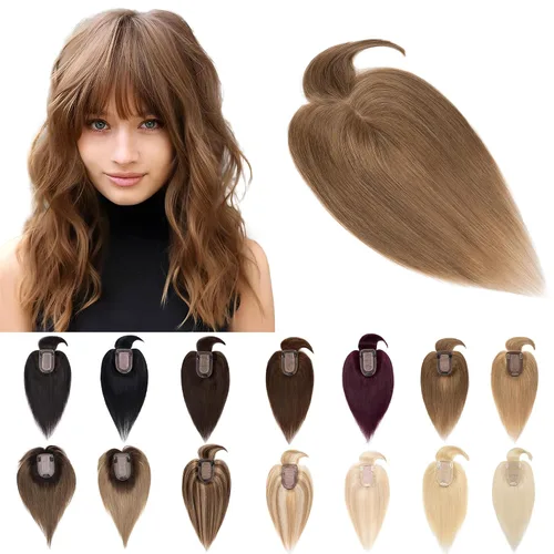 Vista 9 de SEGO Toppers para el cabello para mujer, cabello humano real con flequillo, 2.8 x 5.1 in, base de seda, 100% cabello humano Remy, clip en la parte