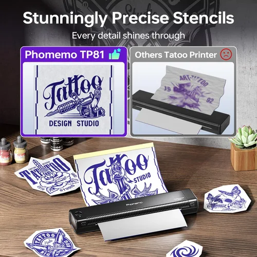 Vista 4 de Phomemo Impresora de plantillas de tatuaje actualizada, TP81 impresora de tatuaje Bluetooth con 10 piezas de papel de transferencia, compatible