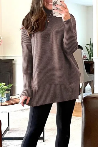 Vista 3 de LILLUSORY Suéter de punto de cuello alto para mujer, manga larga de murciélago, dobladillo derramado, suéter de punto