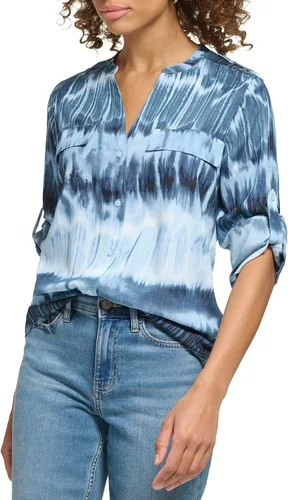 Vista 3 de Calvin Klein Blusa de manga larga con estampado de pestañas enrollables y tallas grandes para mujer