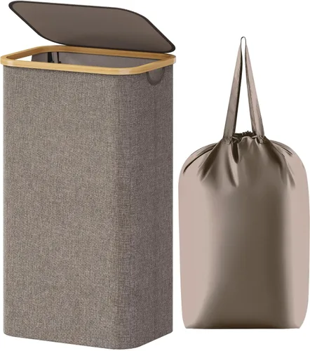 Vista 25 de Lifewit Cesta de lavandería de 80 litros con tapa, cestas de ropa para lavandería con asas de bambú y una bolsa de lavandería extraíble, cesta