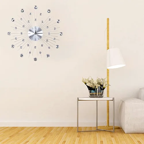 Vista 3 de Reloj de pared plateado metálico brillante para sala de estar, oficina (diamantes de imitación plateados), reloj de salón de belleza, Wanduhr
