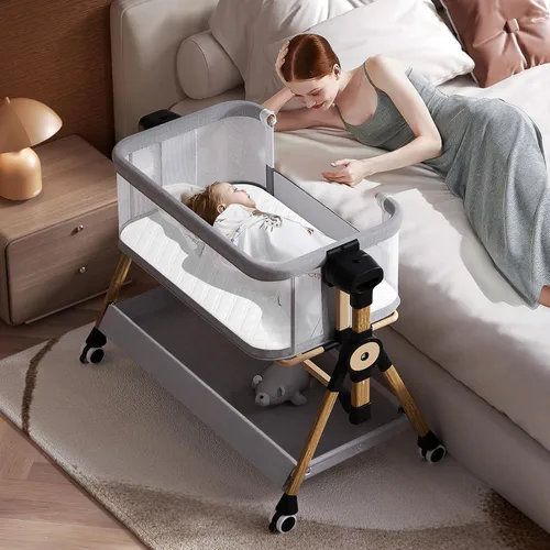 Vista 9 de Moisés de bebé 3 en 1, moisés de cabecera/mecedora para bebé, cuna de cabecera con ruedas bloqueables, colchón impermeable, 6 alturas ajustables