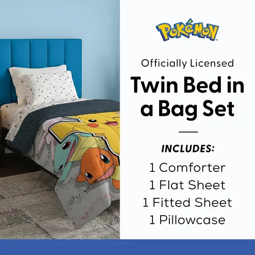 Vista 7 de Northwest Pokemon - Juego de cama individual en una bolsa, Pikachu Squirtle Eevee Charmander, ropa de cama de anime para niñas y niños, escuadrón