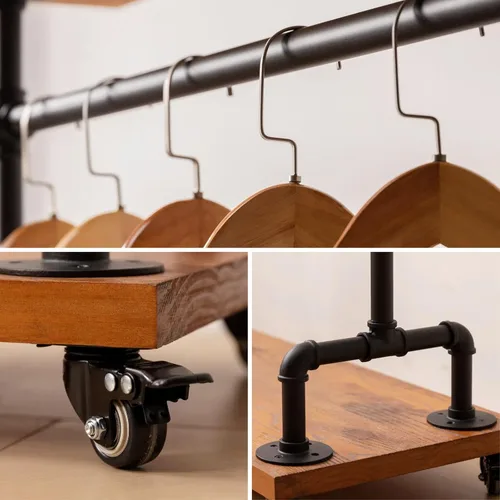 Vista 9 de Estante de ropa de tubería industrial, Perchero de madera, Estante de ropa rodante Iron Clothing Hanging Rod with Shelves, Wheels and Hangers
