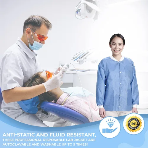 Vista 16 de Paquete de 10 chaquetas desechables de laboratorio, chaqueta médica reutilizable hasta la cadera, unisex, con puños de punto y bolsillos
