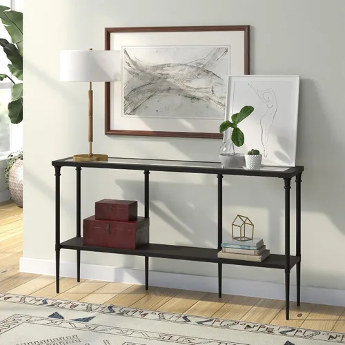 Vista 6 de Nellie - Mesa consola rectangular de 55 pulgadas de ancho con estante de metal en bronce ennegrecido Two-tier design with glass top adds stylish