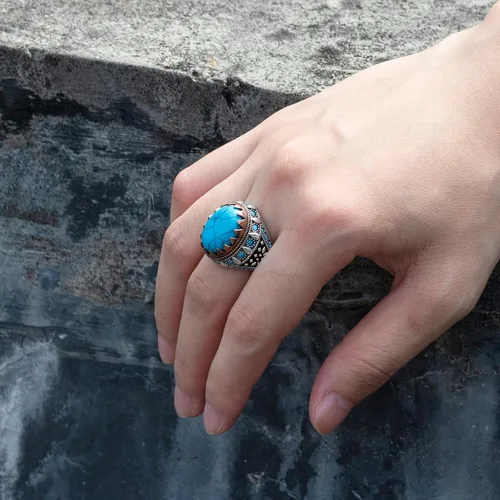 Vista 7 de AROTOROM Retro Turquoise Ring for Men in 925 Sterling Silver Oval Sky Blue Stone Ring Life Track Significance Turkish Handmade Engraved Silver Ring
