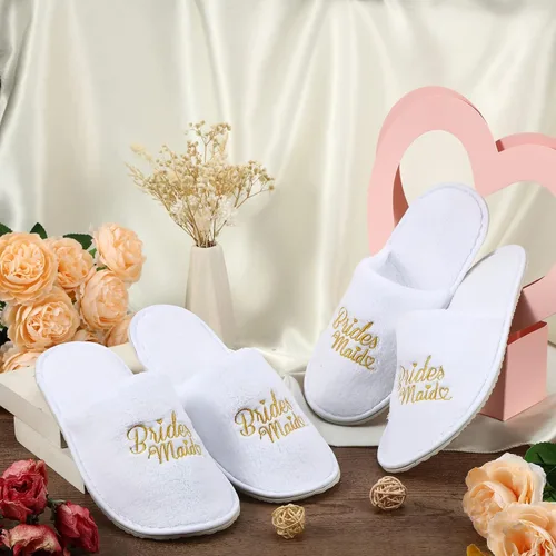 Vista 6 de Zhanmai Juego de 6 pares de pantuflas de boda para dama de honor, juego de 6 pantuflas de fiesta nupcial, sandalias de honor para novia, regalos
