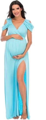 Vista 3 de ZIUMUDY Vestido de maternidad con hombros descubiertos y cuello en V envuelto para sesión de fotos, vestido maxi para baby shower