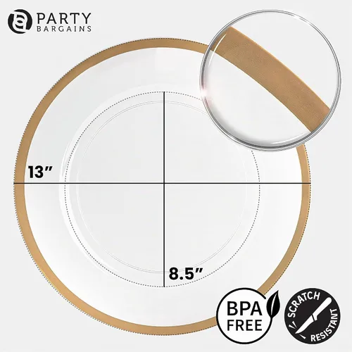 Vista 2 de PARTY BARGAINS Placas de carga de 13 pulgadas, paquete de 4, borde dorado transparente, cargadores desechables resistentes para comedor elegante Un