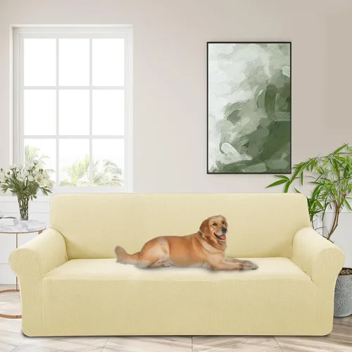 Vista 46 de Funda elástica para sofá, lavable, protector de muebles con espuma antideslizante y parte inferior elástica para niños, perros (sofá biplaza/beige)