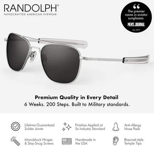 Vista 3 de Randolph USA - Lentes de sol de aviador para hombre o mujer, cromo mate, clásicos, polarizados y no polarizados con protección UV
