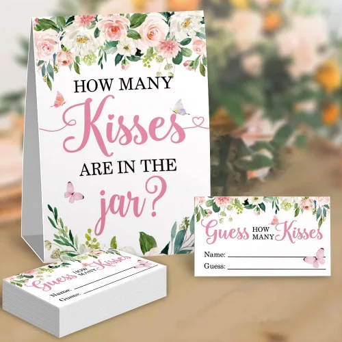 Vista 2 de How Many Kisses - Tarjetas de juego para fiesta de baby shower, besos florales de mariposas que adivinan baby showers, boleto de rifa, decoración