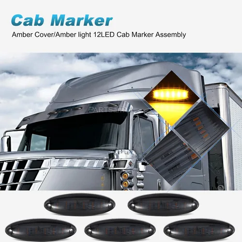 Vista 2 de Partsam 5 piezas de lente ahumada amarilla 6 LED Top Cab Marker techo luces de funcionamiento reemplazo de montaje para Freightliner Cascadia Heavy