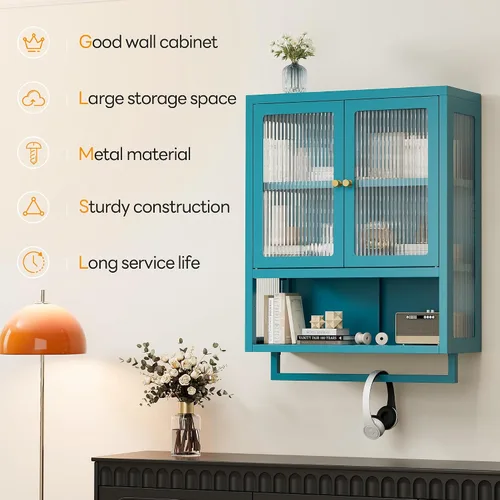 Vista 8 de Armario de pared de baño con 2 puertas de vidrio, botiquín de baño con barra de toallas y estantes, gabinete de almacenamiento sobre el inodoro