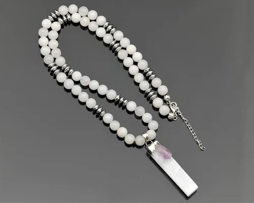 Vista 6 de ElisaJewelryArt - Collar unisex de selenita natural con cuentas de cristal de citrino con piedras preciosas de selenita genuina con cierre de piedra