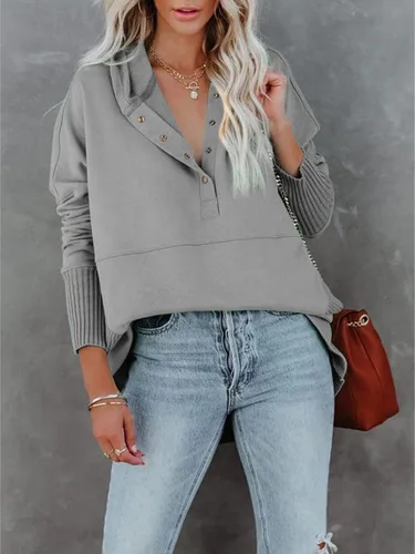 Vista 2 de Zwurew Sudaderas con capucha para mujer, sudadera de gran tamaño, manga larga, camiseta Henley con bolsillo, Gris