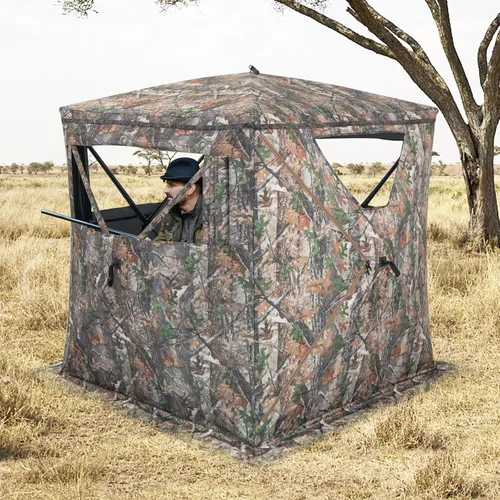 Vista 8 de GYMAX Persiana de caza, para 3 personas, con diseño de ciervo de camuflaje con deslizamiento silencioso, ventanas, bolsa de transporte, persiana