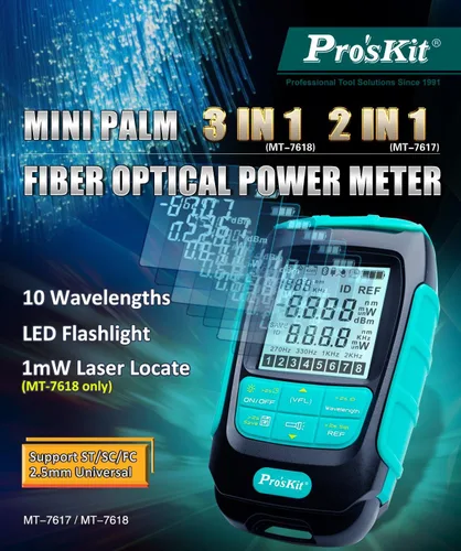 Vista 4 de Pro'sKit Tool Solutions MT-7617 Mini Palm 2 en 1 Medidor de potencia óptica de fibra óptica Medidor de potencia compacto Soporte de 10 longitudes