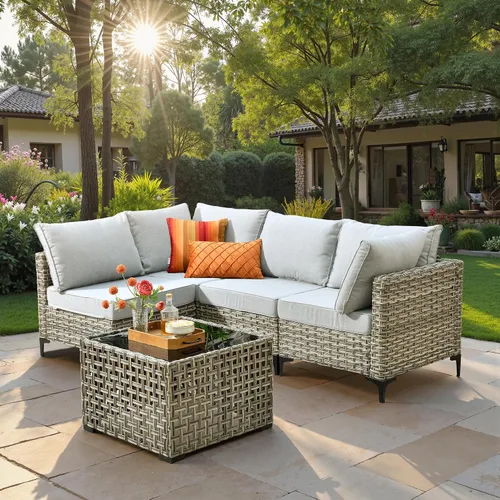 Vista 22 de ovios Muebles de patio de 8 piezas con hoguera, juego de conversación de mimbre de ratán para exteriores con mesa de centro brillante, cómodo sofá
