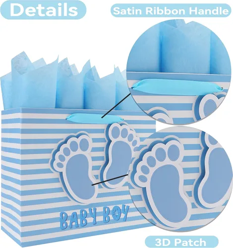 Vista 4 de Juego de bolsa de regalo grande de 13 pulgadas con asas, tarjeta de felicitación, papel de seda azul y calcomanías para niños para baby shower