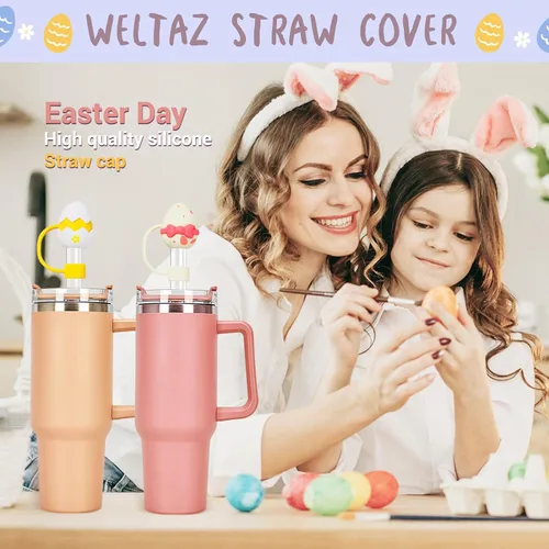 Vista 2 de Juego de 2 fundas de popote de silicona con diseño de huevos de Pascua para Stanley Cup de 30 oz/40 onzas, bonitos accesorios reutilizables