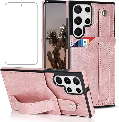 Vista 8 de Funda para teléfono Samsung Galaxy S22 Ultra 5G con protector de pantalla, correa de muñeca ajustable, atril, ranura para tarjetas de crédito Negro
