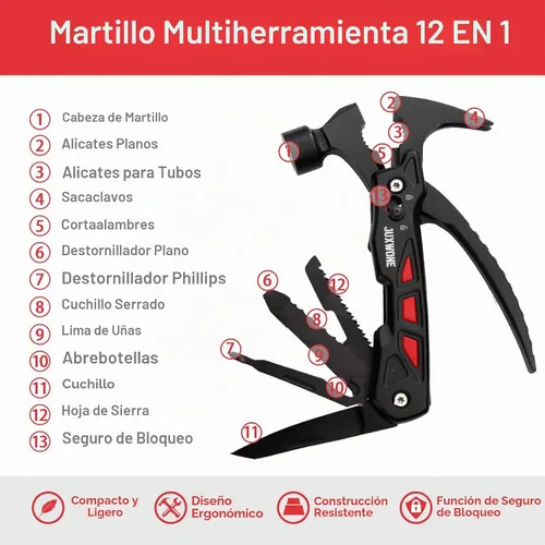 Vista 2 de Cuchillo multiherramienta 12 en 1 con martillo, alicates y destornillador