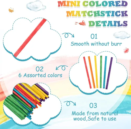 Vista 6 de Geetery 500 palillos coloridos para manualidades, 2 x 0.1 pulgadas, palillos de madera a juego para niños, adultos, manualidades, proyectos