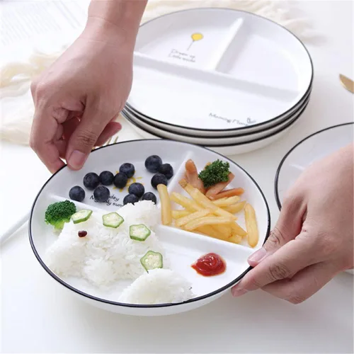 Vista 7 de Platos divididos de porcelana para niños, placas redondas de control de porciones para pérdida de peso para adultos, platos llanos con compartimento