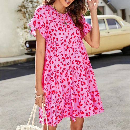 Vista 4 de Vestidos de verano de manga corta para mujer, estilo casual, cuello redondo, estampado floral, mini vestido con volantes, suelto, vestido corto