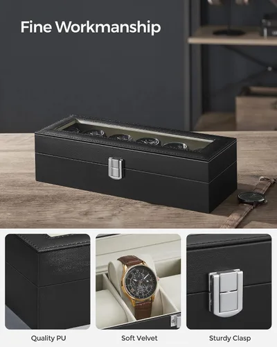 Vista 3 de SONGMICS Caja de reloj caja de reloj de 6 ranuras con tapa de cristal grande almohadas de reloj extraíbles organizador de caja de reloj regalo