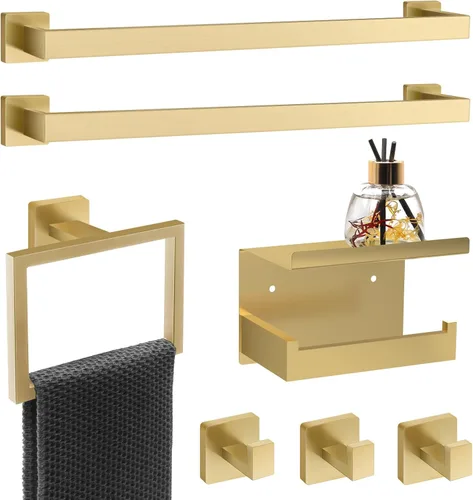 Vista 12 de Juego de barras para toallas de 5 piezas en negro y dorado - Accesorios de baño dorados y negros con 2 ganchos para toallas, juego de barras