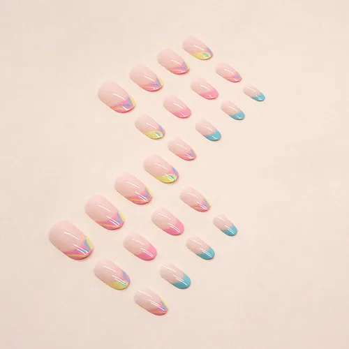 Vista 3 de Uñas postizas cortas redondas SWEKKE de verano, punta francesa, uñas postizas de cobertura completa, uñas adhesivas de color rosa, azul, punta