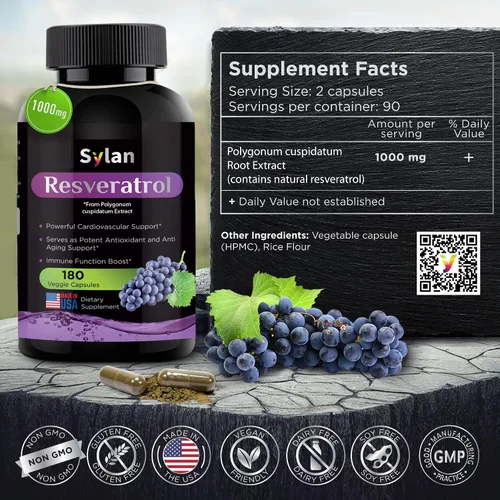 Vista 3 de SYLAN Suplemento de resveratrol trans, 1000 mg, 180 cápsulas vegetales, antioxidante, apoya el corazón, las articulaciones, el cerebro, la salud