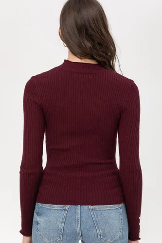 Vista 4 de OLLIE ARNES Suéter de punto de manga larga sólido para mujer, cuello redondo, puños y botones, elástico, 39_Cherrystone
