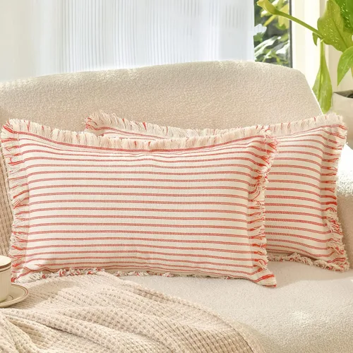 Vista 30 de Fundas de almohada ZWJD de 16 x 16 pulgadas, juego de 2 fundas de almohada a rayas con borlas, fundas de almohada de algodón chic, fundas de cojín