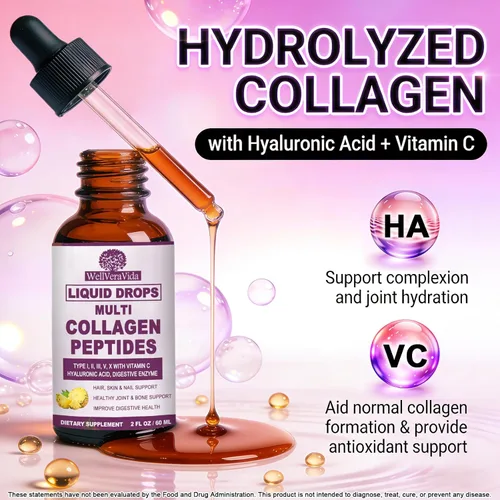 Vista 4 de Gotas líquidas de péptidos de colágeno múltiple, 2 oz – Tipos I, II, III, V, X, Complejo de colágeno hidrolizado para cabello, piel, uñas, huesos