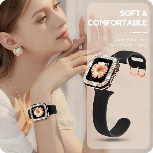 Vista 7 de DABAOZA Compatible con Apple Watch de 1.496 pulgadas con funda de parachoques con purpurina, correa ajustable de silicona negra, suave y cómoda