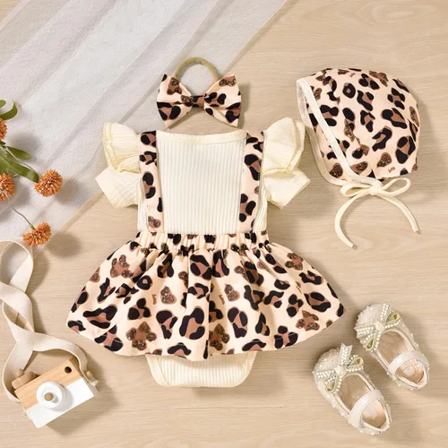 Vista 3 de Unutiylo Conjunto de ropa para bebé recién nacida prematuro con tirantes y mangas cortas con volantes Albaricoque