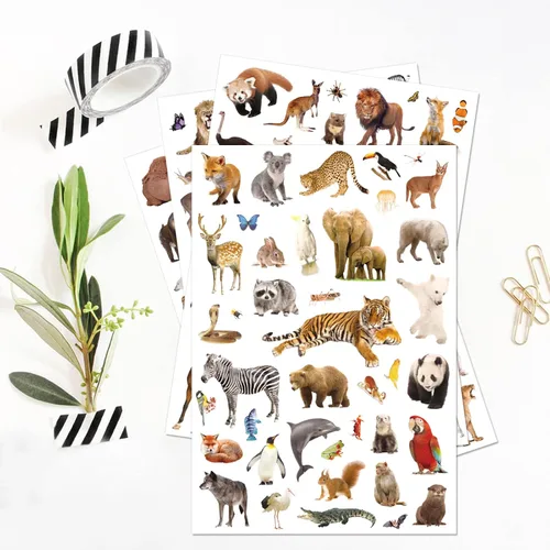 Vista 7 de Calcomanías de animales de safari en la selva, suministros de fiesta, 750 unidades, safari salvaje, bosque, zoológico, animales, calcomanías