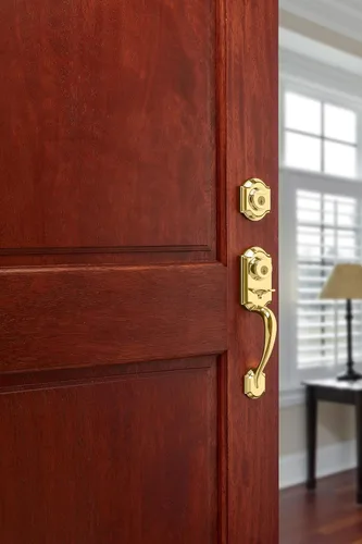 Vista 5 de Kwikset SmartKey Montara Juego de manijas de un cilindro con picaporte Juno en latón pulido, 95530-017