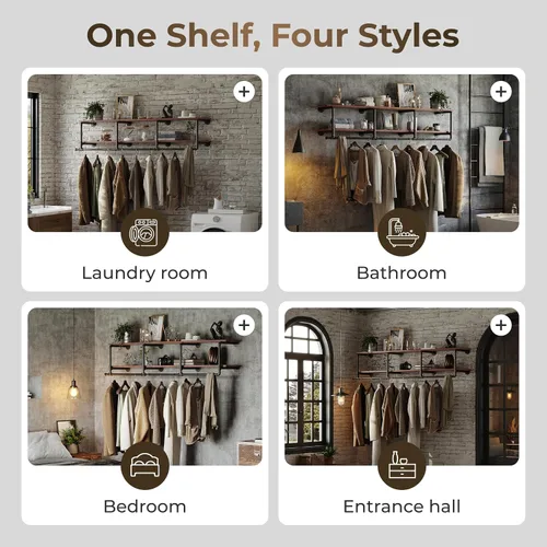 Vista 8 de Perchero para ropa de 72 pulgadas, para montar en la pared, con estante de madera real, perchero colgante resistente, barra para colgar multiusos