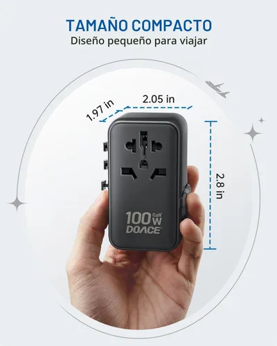 Vista 8 de DOACE Adaptador de viaje universal GaN de 100 W, adaptador de corriente internacional 6 en 1, enchufe de viaje europeo con cable USB-C integrado