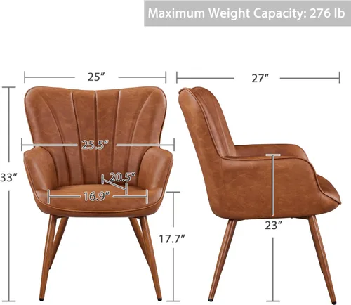 Vista 3 de Yaheetech Silla de Brazos de Piel Sintética PU, Silla Decorativa Moderna con Patas Metálicas, Cómoda Silla Barril Tapizada para Sala de Estar Marrón